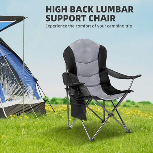 2 Pack Folding Camping Chairs for Adults - High Back Padded Outdoor Lawn Chairs with Lumbar Support & Cup Holder, 400lbs Heavy Duty Portable Camping Chairs Set (Black & Light Gray) - color: Black & Light Gray, size: 2 PCS