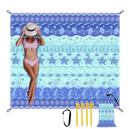 Beach Blanket Waterproof Sandproof Oversized 8 Ft X 7 Ft Sand Free Extra Large Beach Mat with 4 Corner Pockets and Stakes Lightweight Portable for Beach Picnic Travel Camping Outdoor - color: Marine Life, size: 8 X 7 FT(1-4 Person)