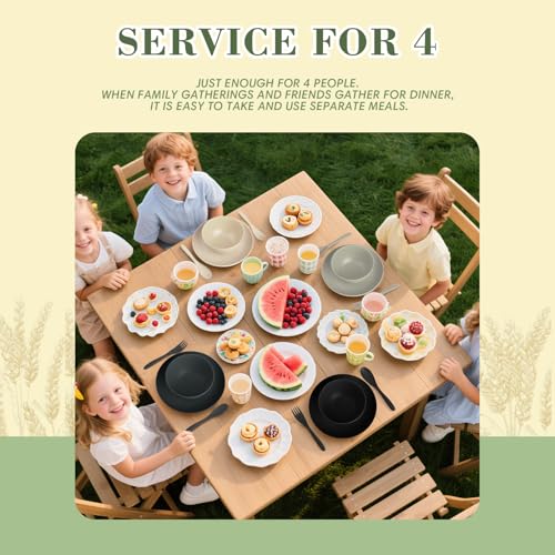 Wrova Wheat Straw Dinnerware Sets for 4, 20-Piece Reusable Kids Plates and Bowls Sets with Flatwares, Unbreakable Bowls and Plates Sets with Cups, Microwave Safe Dishes Set for Kitchen. Black & Grey - color: Black to Grey, size: 20 Pack