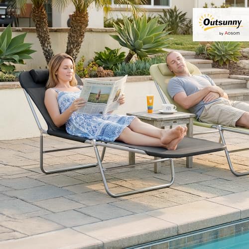 Outsunny Folding Chaise Lounge Pool Chairs, Outdoor Sun Tanning Chairs with Pillow, Reclining Back, Steel Frame & Breathable Mesh for Beach, Yard, Patio, Black - color: Black
