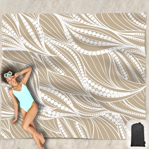 Beach Blanket Waterproof Sandproof Oversized 95”x 80”,Sand Free Beach Mat with Corner Pockets,Portable Mesh Bag for Beach Festival,Picnic,Travel and Outdoor Camping (WaveBeaded-Khaki) - color: Wavebeaded-khaki