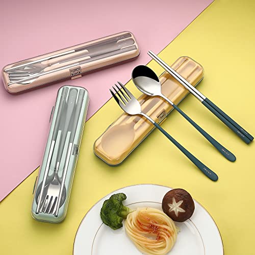 DEVICO Portable Utensils, Travel Reusable Silverware Flatware Set for Lunch, 18/8 Stainless Steel 4-Piece Camping Cutlery Include Fork Spoon Chopsticks with Case (Blue) - color: Blue