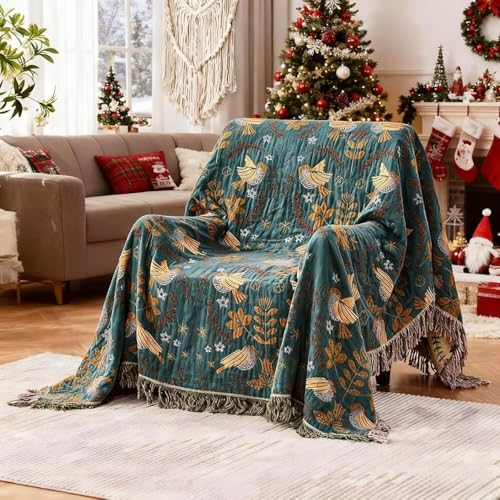 Boho Throw Blanket for Bed 100% Cotton Bohemian Blankets Ultra Soft Woven Muslin Decorative Blankets All Seasons Vintage Quilt Knitted Blanket for Sofa Chair(Blue, 90"x98") - color: A-blue, size: 90"x98"