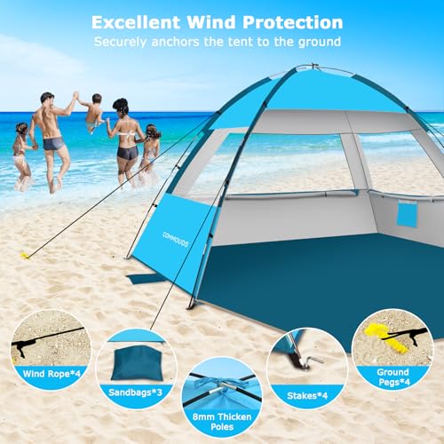 COMMOUDS Beach Tent Sun Shade for 3/4/6/8 Person, UPF 50+ Beach Sun Shelter Canopy Tent, Lightweight, Easy Set Up and Carry - color: Blue, size: 4 Person