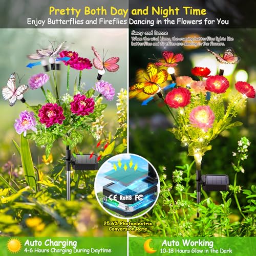GARPAR Solar Garden Decor, 3 Pack Solar Lights with 9 Butterflies & 21 Blooming Flowers, Solar Flowers Outdoor Waterproof, Garden Lights for Outdoor Decorations