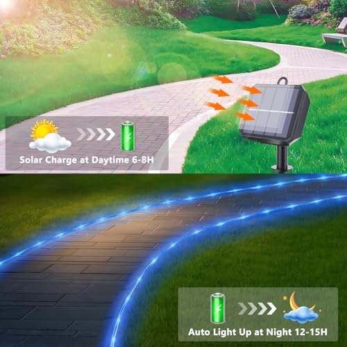 Solar Rope Lights, 2 Packs Total 132ft 400LED Solar String Lights, 8 Modes Waterproof Solar Powered Outdoor Light, Flexible Clear Tube Light for Garden Backyard Patio Deck Porch Tree Xmas Decor - Blue - color: Blue, size: 2*66ft