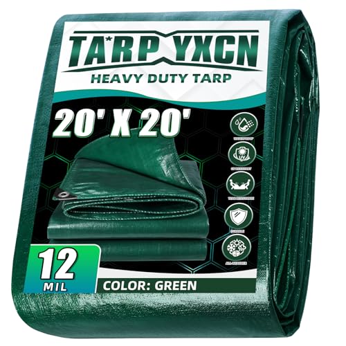 Green Heavy Duty Tarp 20x20 Feet, 12 Mil Thick Waterproof Poly Tarps Cover UV Resistant, Rip & Tear Proof with Metal Grommets Every 20 Inche - color: Green, size: 20x20 Ft