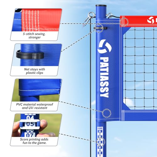 Professional Heavy Duty Volleyball Net Set for Backyard & Beach, Outdoor Net System with Steel Anti-Sag Winch, 32FT Reinforced Net, Height Adjustable Rust-Resistant Aluminum Poles, Portable Carry Bag - color: F-Red and Blue
