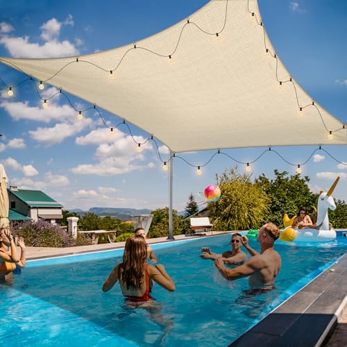 Sun Shade Sail with LED G40 String Lights, 8‘ x 12' Rectangle Beige Shade Cloth, 95-98% UV Protection, Ideal for Patio, Garden, Backyard - Easy to Install with Innovative Hooks