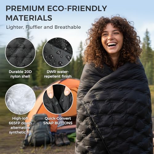 ATEPA Wearable Sleeping Bag, Recycled Water-Resistant Camping Blanket Poncho, Ultralight Packable Stadium Blanket for Outdoor - color: Aero Camping Blanket Black