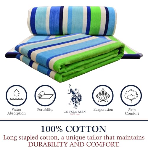 U.S. Polo Assn. Oversized (40” x 70”) Striped Nautical Design Beach Towel - Luxury Plush Cotton Hotel Quality for Bath, Pool - Myrtle Stripe - color: Myrtle Stripe, size: 40" x 70"