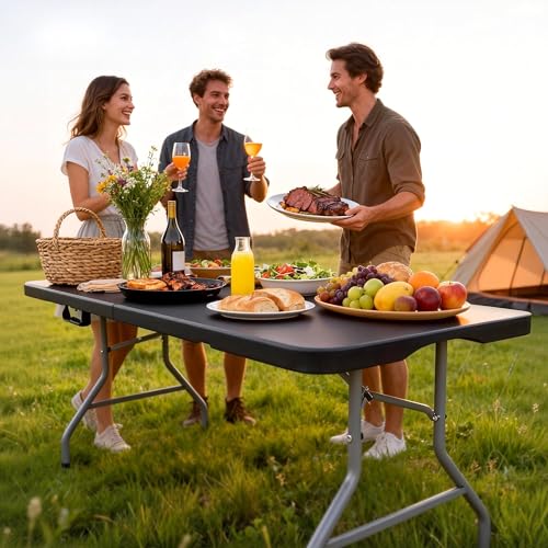 8 Foot Folding Table 350 LBS Heavy Duty, 18% Thicker HDPE Waterproof Top, Portable Fold in Half with Carry Handle and Safety Locks, Reinforced Steel Frame for Indoor Outdoor Party Events - color: Black-a, size: 8FT