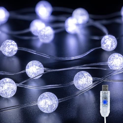 Upgrade Globe String Lights,10FT 30 LED USB Fairy Lights,8 Modes Crystal Crackle Ball Lights,Waterproof Decorative Christmas Lights for Indoor,Outdoor,Bedroom,Classroom,Wedding,Party,White - color: White, size: 30LED