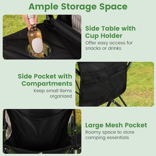 Goplus Oversized Camping Chair with Side Table, Folding Heavy-Duty Picnic Chair w/ 2 Storage Pockets, Cup Holder, Padded Armrests, Carrying Bag, Portable Outdoor Chair for Fishing RV Trip (Black,1) - color: Black