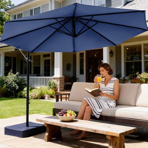 OLILAWN Cantilever Offset Patio Umbrellas, Outdoor 10 feet Large Patio Umbrella with Base Included, Upgraded Yarn-dyed Fabric Shade, Sturdy 8 Rids, 360 Degree Rotation & Easy Tilt Adjustment, for Pool Deck Porch Backyard Garden - color: Sapphire, size: 10