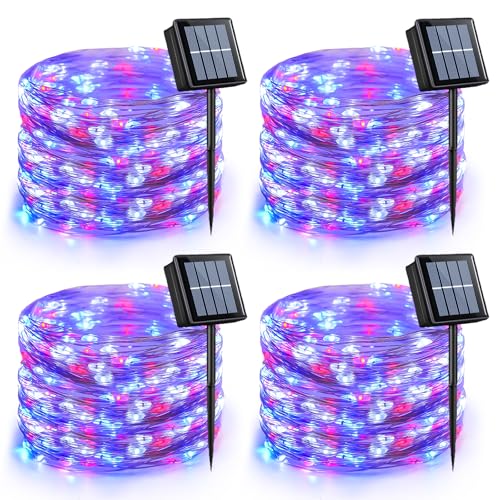 QITONG 4 Pack 4th of July Solar Fairy Lights Outdoor Waterproof, Each 33ft 100 LED Red White and Blue Pariotic Lights, 8 Modes Copper Wire Christmas String Lights for Memoria Indepedence Party Decor - color: Red White and Blue, size: 4Pack*100LED