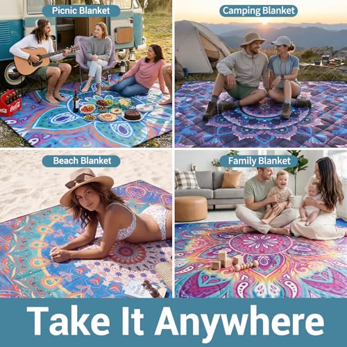 60x80" Waterproof Picnic Blankets Outdoor Sandproof Beach Blanket Foldable Big Ground Grass Mat Family Tent Camping Rug Backpacking Hiking Essentials Gifts Rv Car Travel Roadtrip Must Have - color: Blue-green Mountains, size: 6'8" x 5' (Rectangular)
