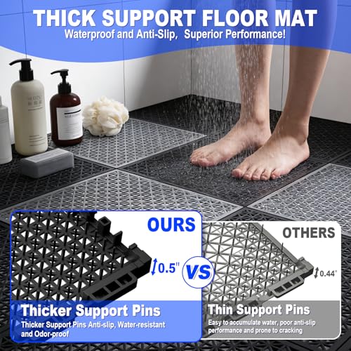 16 PCS Modular Interlocking Cushion Interlocking Floor Tiles with Hole Drainage Mat 10" x 10" Non Slip Pool Deck Mat Outdoor for Drain Deck Pool Patio Shower Kitchen Balcony (Black&Grey) - color: Black&grey