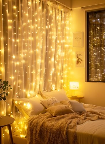 Brightown 300 LED Fairy Curtain Lights, 9.8ft x 9.8ft Warm White Curtain String Lights, USB Plug in 8 Lighting Modes Christmas Decoration, Hanging Lights with Remote for Bedroom Indoor Weddings Dorm - color: Warm White, size: 1 Pack-300 LED