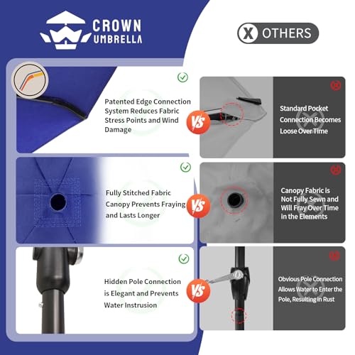 CROWN SHADES 9 Ft Patio Umbrella with Auto-Tilt & Olefin Fabric - Patented 45°Edge Connection Wind Resistant Outdoor Umbrella for Table, Pool, Beach, Effortless Crank System - color: Blue