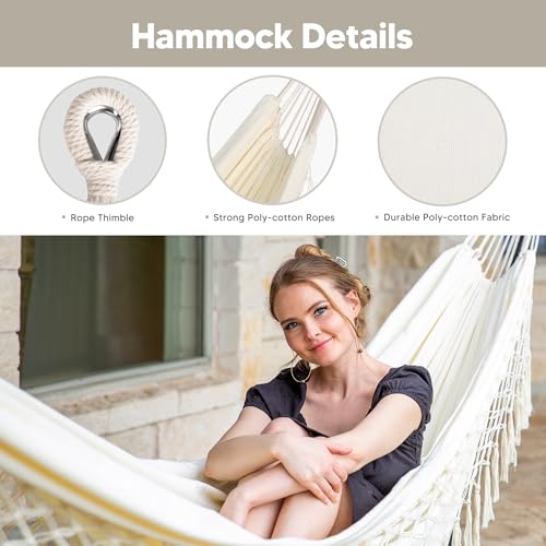 SUNCREAT Portable Outdoor Hammock with Stand Included, Double Hammock with Tassel for Outside, Beige - color: Tassel-beige