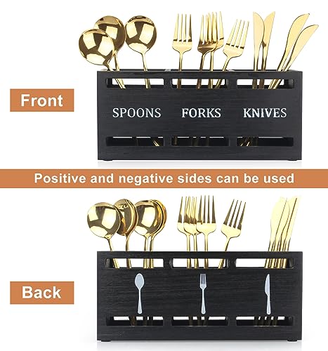 Ayiaren Wooden Silverware Caddy Flatware Cutlery Holder Wood Silverware Organizer Containers Small Black Kitchen Utensil Holder for Countertop Spoon and Fork Holder Flatware Utensils Caddy for Party - color: Black