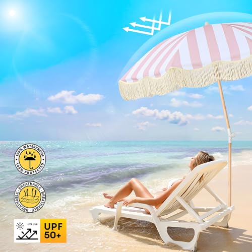 Lefedrasticity Boho Outdoor Umbrella with Tassels,6ft Table Umbrella Outdoor Patio with Knobs Tilt,Wind Resistant Portable Beach Umbrella UPF50+ Fringe Umbrellas For Pool Backyard Deck Garden - color: Pink Stripe