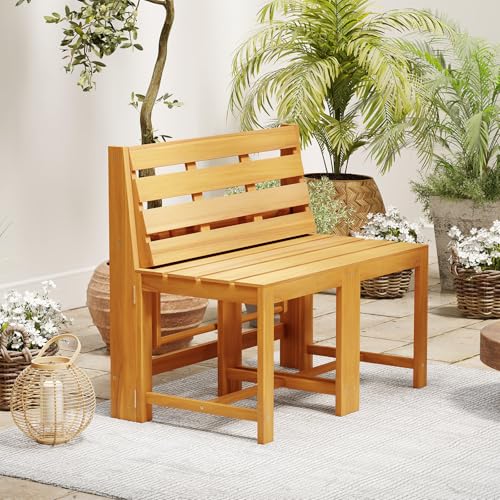 HAPPYGRILL 3-in-1 Acacia Wood Outdoor Dining Table Bench Set, with 2 Built-in Chairs, Plant Stand, Patio Bench Table for Backyard Garden