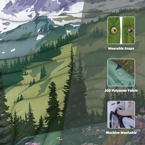 Outdoor Camping Blanket with Sherpa Lining, Extra Warm Thick Camp Blankets and Puffy Ultralight Soft Poncho DWR Camping Quilt for Cold Weather, Adventure, Sleeping, Backpacking 78"x 56" - color: Aden Green, size: 78 x 56 inches