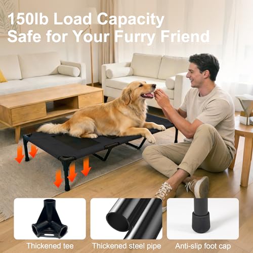 Dog Cooling Bed, Raised Pet Cot for Medium and Large Dogs, Cooling Breathable Mesh, Durable Sturdy Frame, Washable Cover, Portable and Easy to Assemble Indoor/Outdoor Pet Bed, Black, L - color: Black, size: Large