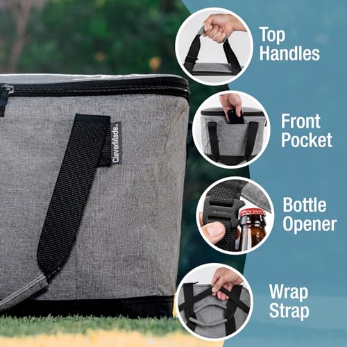 CleverMade Tahoe Collapsible Cooler Bag – Large Portable Cooler Bag for Travel, Foldable Insulated Cooler for Beach, Picnic & Tailgating, Holds Up to 50 Cans, Leakproof Soft Carry Cooler - color: Gray Black, size: Large