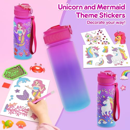 Mocoosy Unicorn & Mermaid Water Bottle with Waterproof Stickers- 27oz Leakproof Standard Sport Bottle with Lids - Decorating Kit & Birthday Gift for Girls 4-12 (Pink)