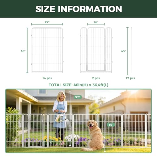 FXW Garden Fence Outdoor for the Yard – 40in(H) x 36.4ft(L) Heavy Duty Metal Animal Barrier for Dog, No Dig Decorative Dog Fence, 16 Panels, White - color: White, size: 40"H