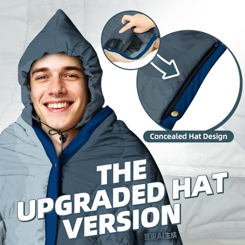 Outdoor Camping Blanket with Sherpa Lining, Extra Warm Thick Camp Blankets and Puffy Ultralight Soft Poncho DWR Camping Quilt for Cold Weather, Adventure, Sleeping, Backpacking 78"x 56" - color: Hooded - Blue Cloud Valley, size: 78 x 56 inches