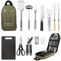 Camping Cooking Utensils Set, Stainless Steel Grill Tools, Camping BBQ Cookware Gear and Equipment for Travel Tenting RV Van Picnic Portable Kitchen Essentials Accessories - color: Green-13 PCS