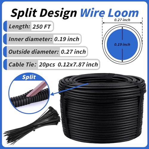 250FT Split Wire Loom Tubing, 1/4 Inch Wire Protector Tubing, Automotive Wire Flexible Conduit Cord Covers with 20 Cable Ties for Automotive Marine RV Agriculture Electrical Cable Protection - color: Black, size: 1/4in x 250ft