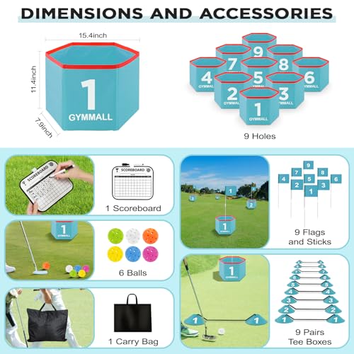 Golf Bucket Yard Game - Backyard Set for Kids, Adults and Family - Outdoor and Indoor Portable 9 Holes Course With Balls, Flags and Carry Bag for Lawn, Park, Beach and Hotel - Blue - color: Blue, size: 9 Holes