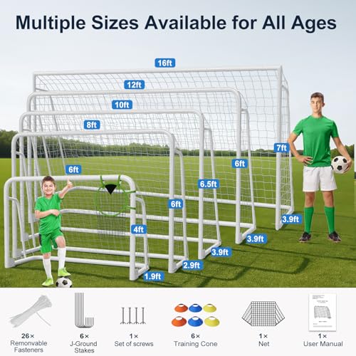 MOPHOTO Soccer Goal, 6X4/8x6/10x6.5/12x6/16x7/18.5x6.5/21x7/24x8ft Soccer Goals for Backyard, Full Size Soccer Goal for Teens & Adults Training - size: 12x6FT, style: PVC-Non-Foldable