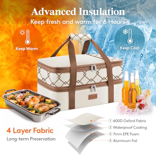 Lifewit Insulated Double Decker Casserole Carrier, Expandable Lasagna Lugger Tote Bag for Hot or Cold Food, Fits 9" x 13" Baking Dish for Potluck Parties, Picnic and Cookouts, Cream-Geometric - color: Cream-geometric