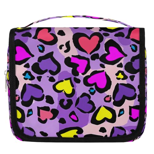 Heart Shape Leopard Skin Print Kids Toiletry Bag for Girls, Waterproof Hanging Makeup Organizer Travel Cosmetic Bag with Hook, Portable Toiletries Case for Sleepovers School Vacations - color: Heart Shape Leopard Skin Print