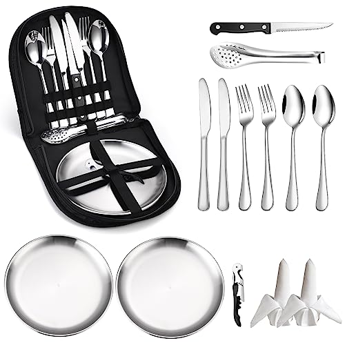 Camping Silverware Kit Cutlery Organizer Utensil Picnic Set Stainless Steel Plate Spoon Clip and Serrated Knife Wine Opener Fork Napkin Hiking - Camp Kitchen BBQ’s - color: Camping Silverware Set-13set