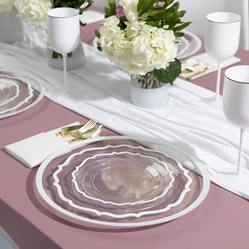PLASTICPRO 32 Pack Elegant Disposable Plastic Plates Combo Set Includes 16 Dinner Plates and 16 Salad Plates Heavy Duty Fancy Party Plates Clear & White Contemporary Design - color: Clear & White Contemporary