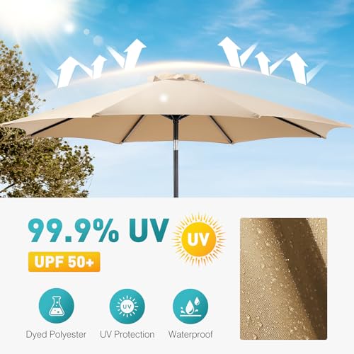 OLIXIS Patio Umbrella with Tilt and Crank Button & Sturdy Ribs Waterproof, Patio Table Umbrella Perfect for Poolside, Terrace, Beach and Outdoor Restaurant - color: Khaki, size: Half 9ft