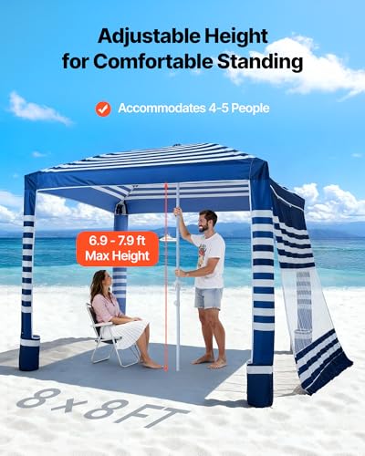 VEVOR Beach Cabana, 8 x 8 ft Beach Canopy with Side Wall, UPF 50+ Protection Easy Setup Cabana Tent with Sand Pockets, Adjustable Height Portable Shade Sun Shelter Umbrella for Family, Navy Stripes - color: Navy Stripes, size: 8*8