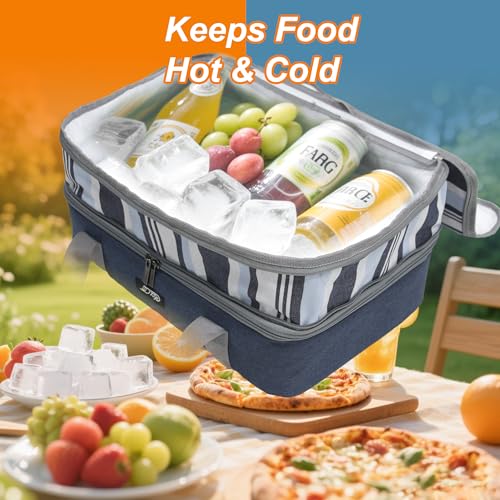 Double Decker Insulated Casserole Carrier, Expandable Thermal Food Warmer Bag Fits 9x13 Dish, Leak-Proof Potluck Lasagna Holder with Utensil Pocket for Picnic Party Cookout (Blue) - color: Blue