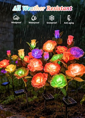 Brightown Outdoor Solar Flower Lights, 4 Pack 7-Color Changing Solar Garden Lights with Larger & More Realistic Rose, Bigger Solar Panel, Waterproof Solar Lights for Yard Garden Lawn Pathway Decor - color: 7 Color Rose