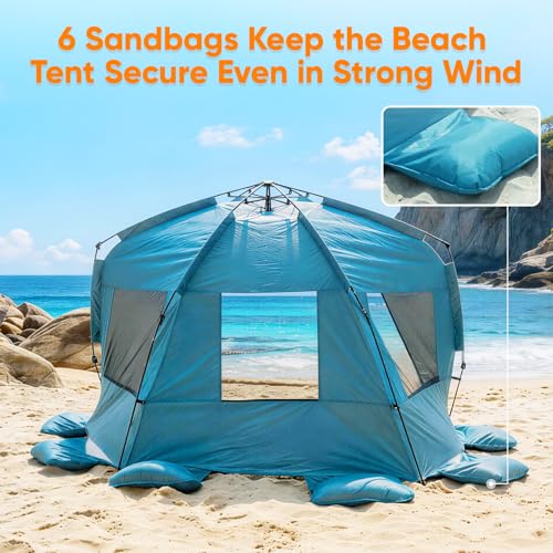 Golabs BT1 Pop up Beach Tent Sun Shelter for 3-Person, 1-Minute Setup by Pre-Attached Pole & UPF 50+, Beach Shade with Detachable Floor Mat, Mesh for Clear View & Airflow, only 7 lbs & Pocket and Hook - color: BLUE