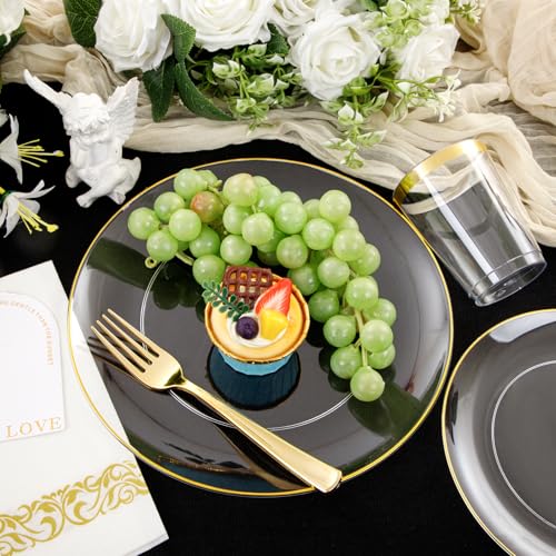 Supernal 350PCS Clear and Gold Plastic Dinnerware Set Include Clear Disposable Plates, Gold Plastic Silverware Heavy Duty, Cups and Napkins for Birthday, Weddings, Parties - color: 350pcs Clear Plastic Plates with Gold Rim
