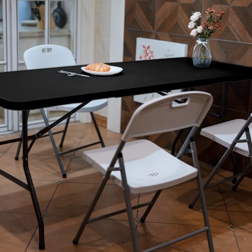 pollilar Folding Table 6FT HDPE 6 Foot Foldable Table Portable Banquet Surface Fold-in-Half Desk Utility for Working Meeting Parties, Picnic, Camping, Weddings, Catering, Garden Dining-Black - color: Black