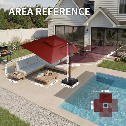 10 X 13 FT Cantilever Patio Umbrella with Led Lights and Base Included Outdoor Heavy Duty Double Top Rectangle Offset Umbrellas with 360-degree Rotation for Pool Deck Backyard, Wine Red - color: Wine Red, size: 10' X13'-Weighted Base Included
